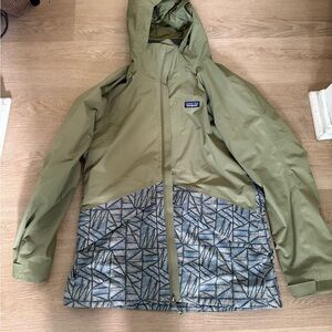 Patagonia Snowbelle Jacket Olive Green Hooded Jacket with Patterned Lower Panel